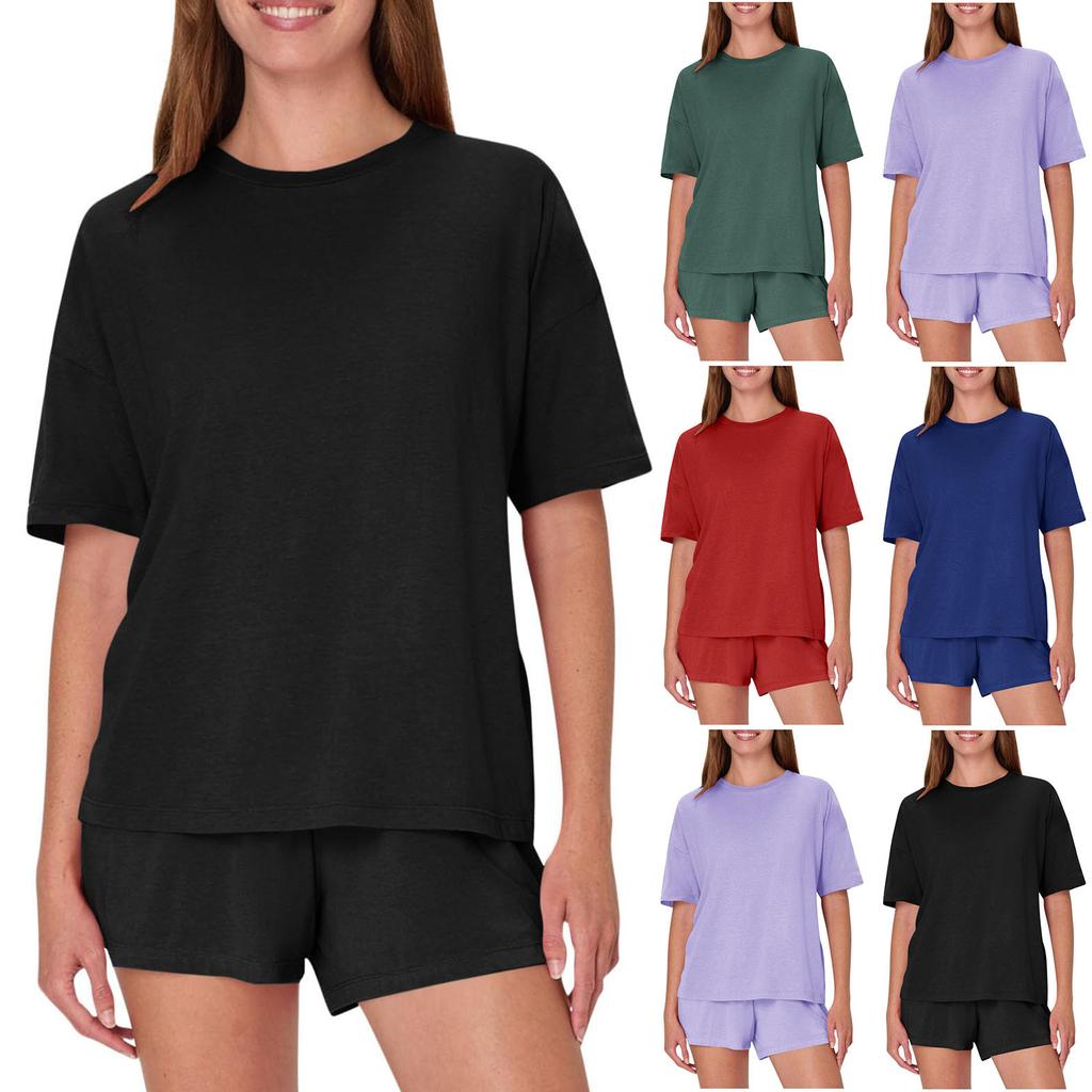 Women's Fashion Solid Color Home Wear Pajamas Loose Short-Sleeved T-Shirt Set