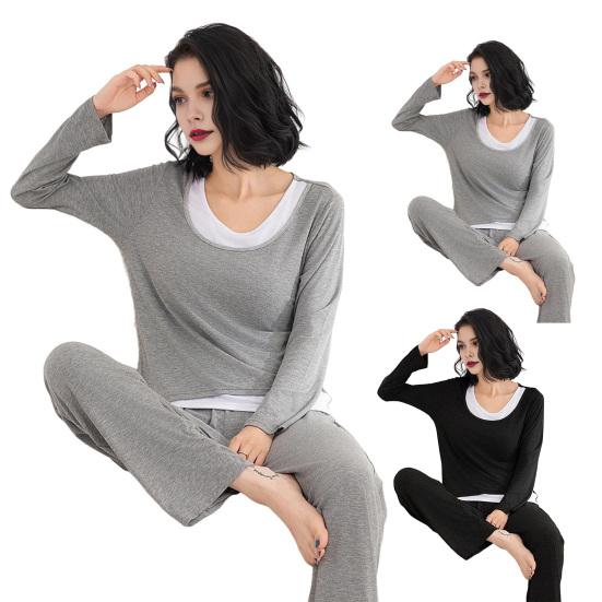 Two Piece Modal Pajamas Set for Women Long Sleeve Top And Pants Sleepwear with Built-in Bra Casual Loungewear Pjs Set