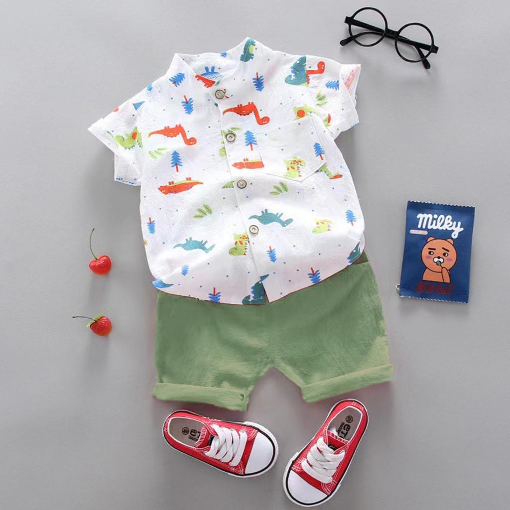 Summer Printed Pyramid Shirt Short Sleeved Shorts Set for Male and Female Infants and Young Children