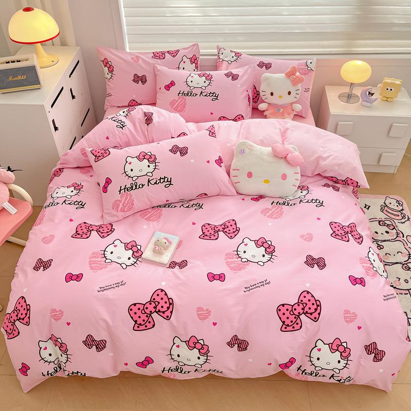 Hello Kitty All-Cotton Cute Cartoon Girl Fitted Sheet & Duvet Set - 4-Pc Dorm Style