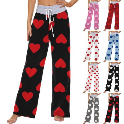Pantaloni de Pijama Casual Confortabili de Modă pentru Femei cu Imprimeu Love, cu Șnur, cu Picior Larg, Pantaloni