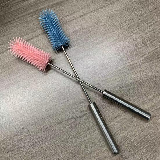 Silicone Bottle Brush with Stainless Steel Long Handle Press-Rotating Design Soft Bristle Cup Brush