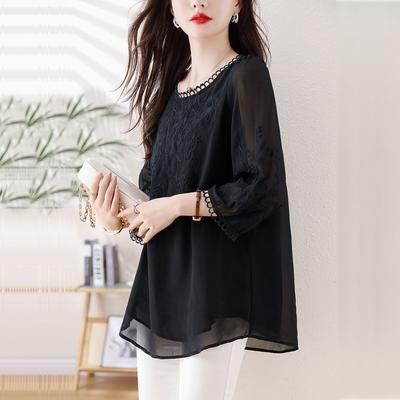 Lockeres Chiffon-Hemd Sommer Große Größe Damenbekleidung Fett Mm Mittellanges Hemd Besticktes Oberteil Reduziert das Alter um 200 Kilogramm