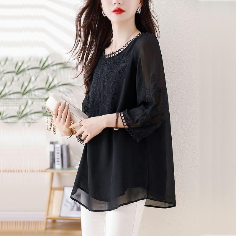 

Свободная шифоновая блузка Летняя одежда больших размеров Женская одежда Блузка с рукавами до локтя Вышитый топ Молодит на 200 килограммов 5XL чёрный