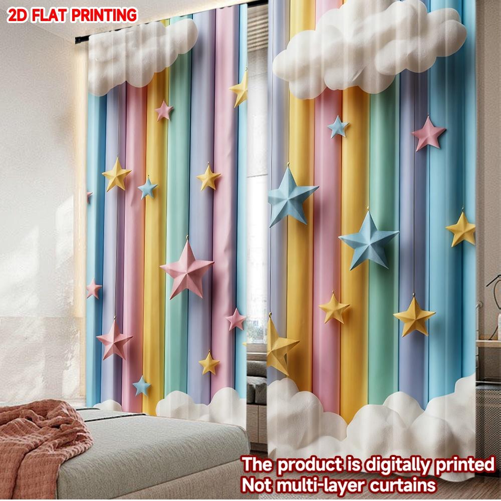 

Комплект из 2 плоских печатных штор Облако-радуга Печать Цифровая печать Полиэстер Занавески Праздничный декор стен Идеальные шторы W100*H70(CM)-Hooks&2PCS