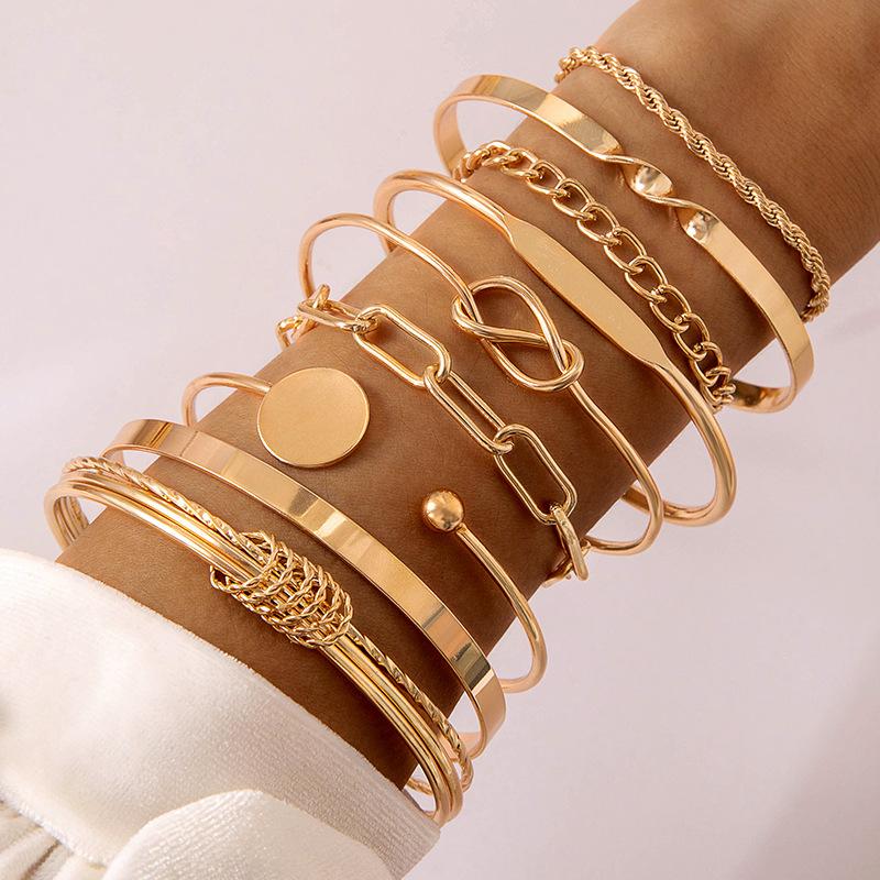 Jewelry Retro Stacked Bracelet Simple Geometric Opening Round Bead Gold Glossy Bracelet Set