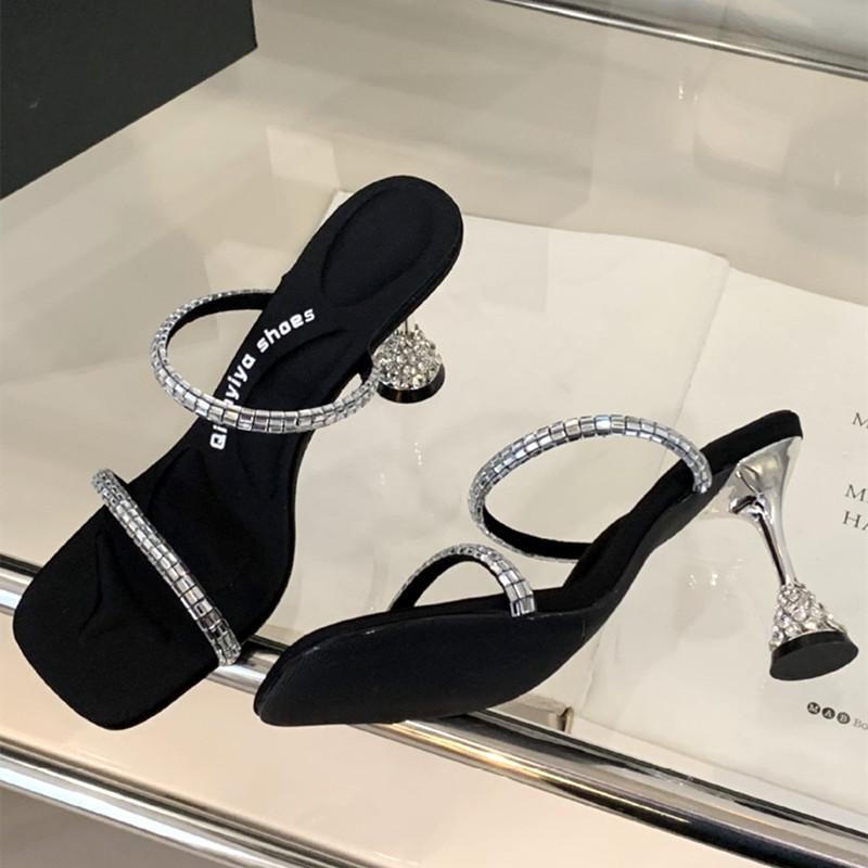 Fashion Luxury Rhinestone Open Toe Women Sandals Square Toe Thin Heel Designer Slide Sandals Summer Fashion High Heel Shoes for Woman