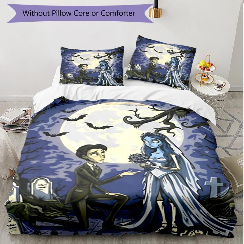 3pcs Duvet Cover Set (1*Duvet Cover + 2*Pillowcase, Without Core), Corpse Bride Print Soft All‑Season Bedding Set, Home Bedroom Decor Gift