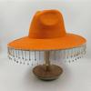 Women Rhinestone Tassel Decor Wide Brim White Fedora Hat For Party Cap Handmade Rhinestone Fringe Cowgirl Hat  Wholesale