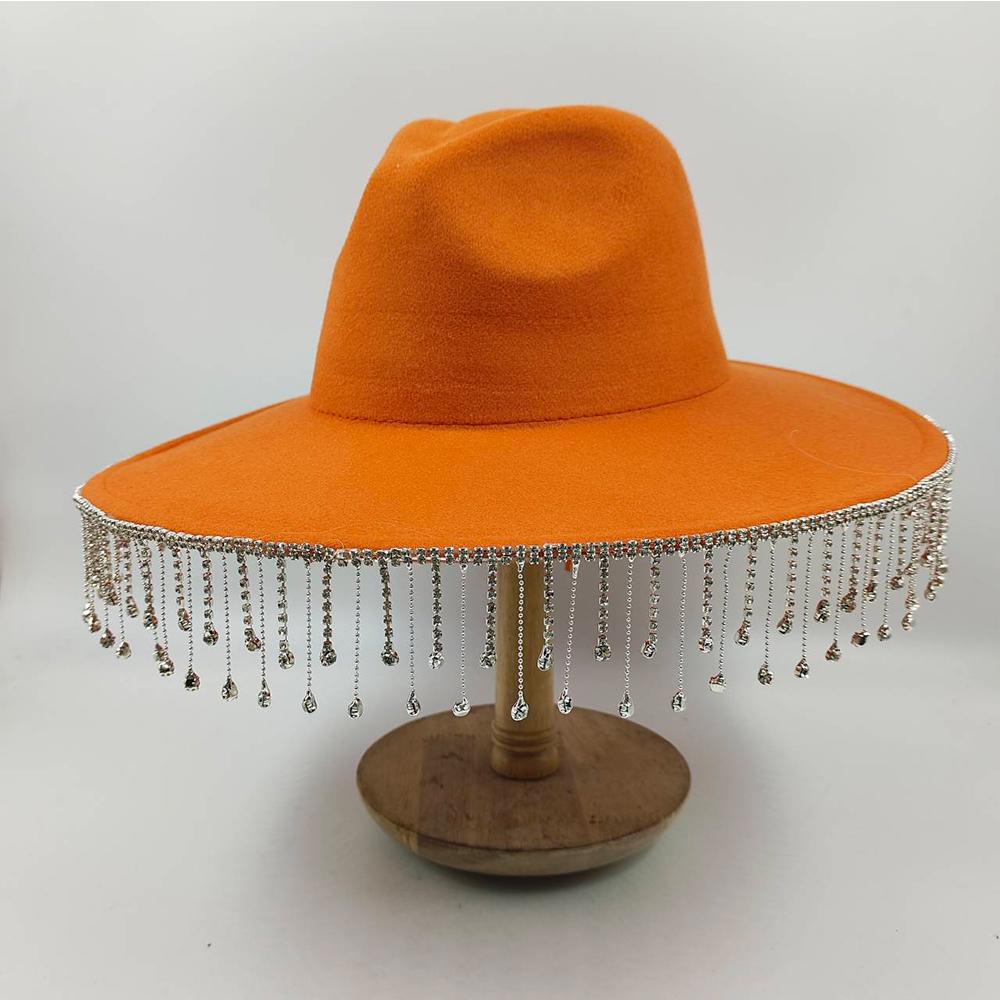 Women Rhinestone Tassel Decor Wide Brim White Fedora Hat For Party Cap Handmade Rhinestone Fringe Cowgirl Hat Wholesale