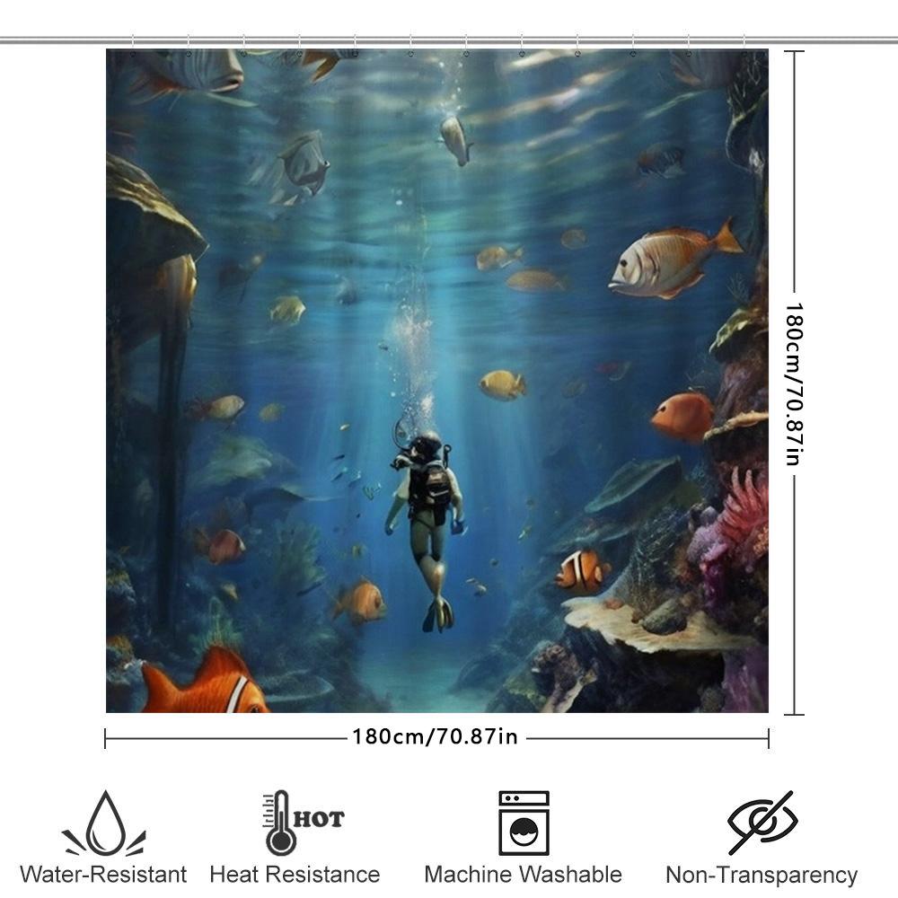 Zestaw zasłony prysznicowej 3D Życie oceaniczne Nurkowanie Dekoracja podwodnego świata do łazienki Wodoodporne zasłony z tkaniny z nadrukiem z haczykami (1