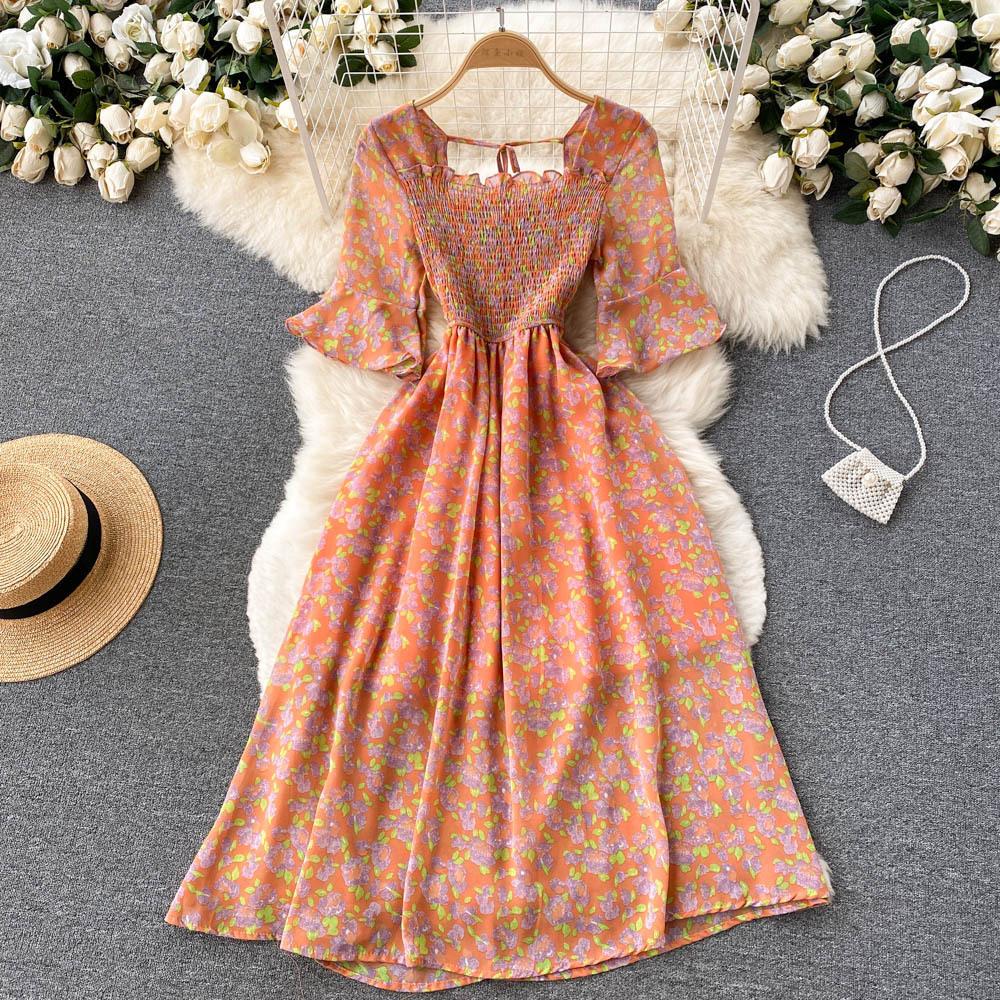 Tea Break French Vintage Dress Square Neck Flared Sleeve Tie Waist Women's Temperament Swing Long Dresses