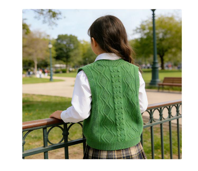 Girls' spring vest, western style knitwear, spring clothing, college style girls' vest, Fried Dough Twists knitting