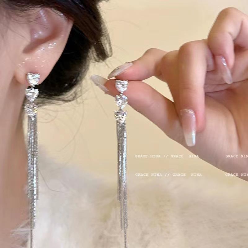 Korean-Style High-End Tassel Bow Earrings - Elegant Long Design for Women