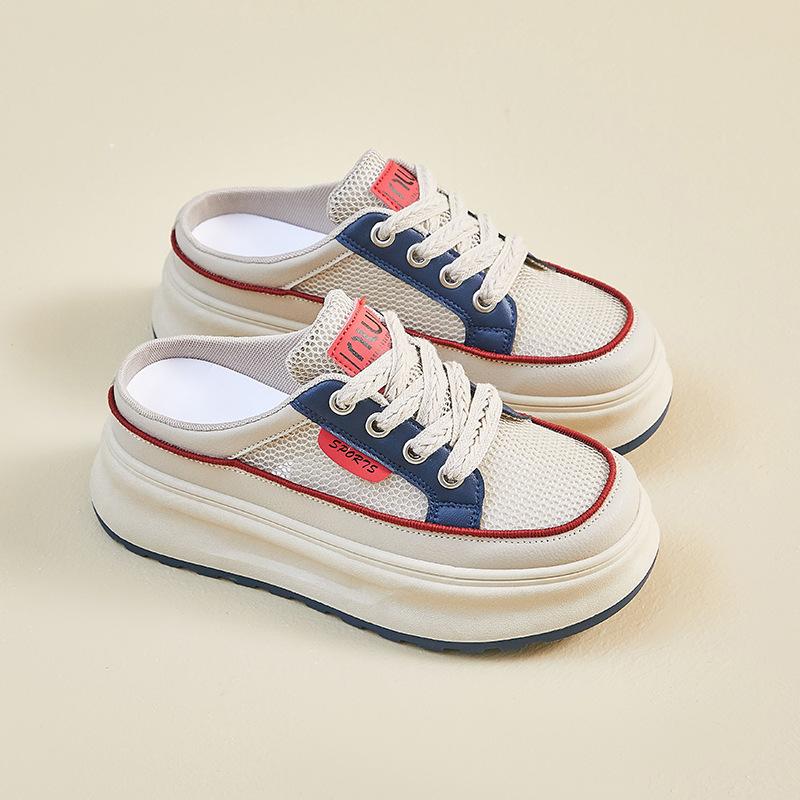 Summer Half-support White Shoes New Style for Female Students Thick Sole Heightened Mesh Breathable and Casual