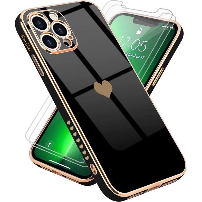 Coque de protection - Luxe - iPhone 13 Pro Max - Noir - Motif cœur - Lot de 2 verres trempés