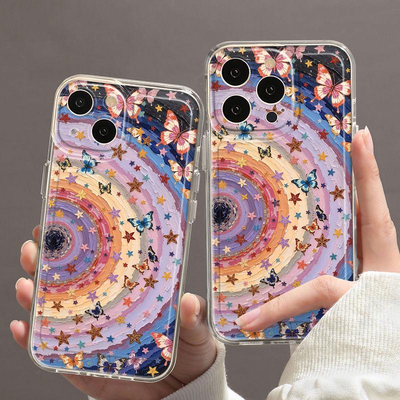 Oil Painting Starry Butterfly Phone Case For Apple iPhone16promax-Soft Silicone Shockproof Creative Cover On iPhone16/15/14/13/12/11/Pro/Plus/Promax