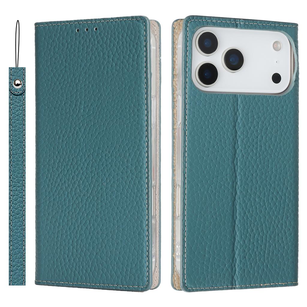 For iPhone 17 Pro Max Wallet Case Genuine Cow Leather Phone Cover Litchi Texture