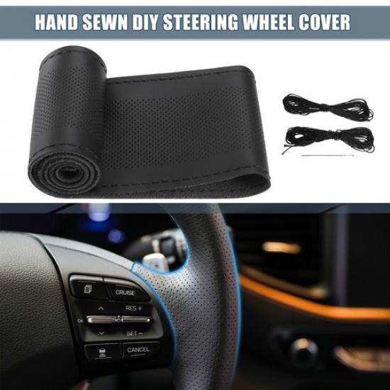 Car Hand Sewn DIY Steering Wheel Cover Set 32-35cm Microfiber Leather Black