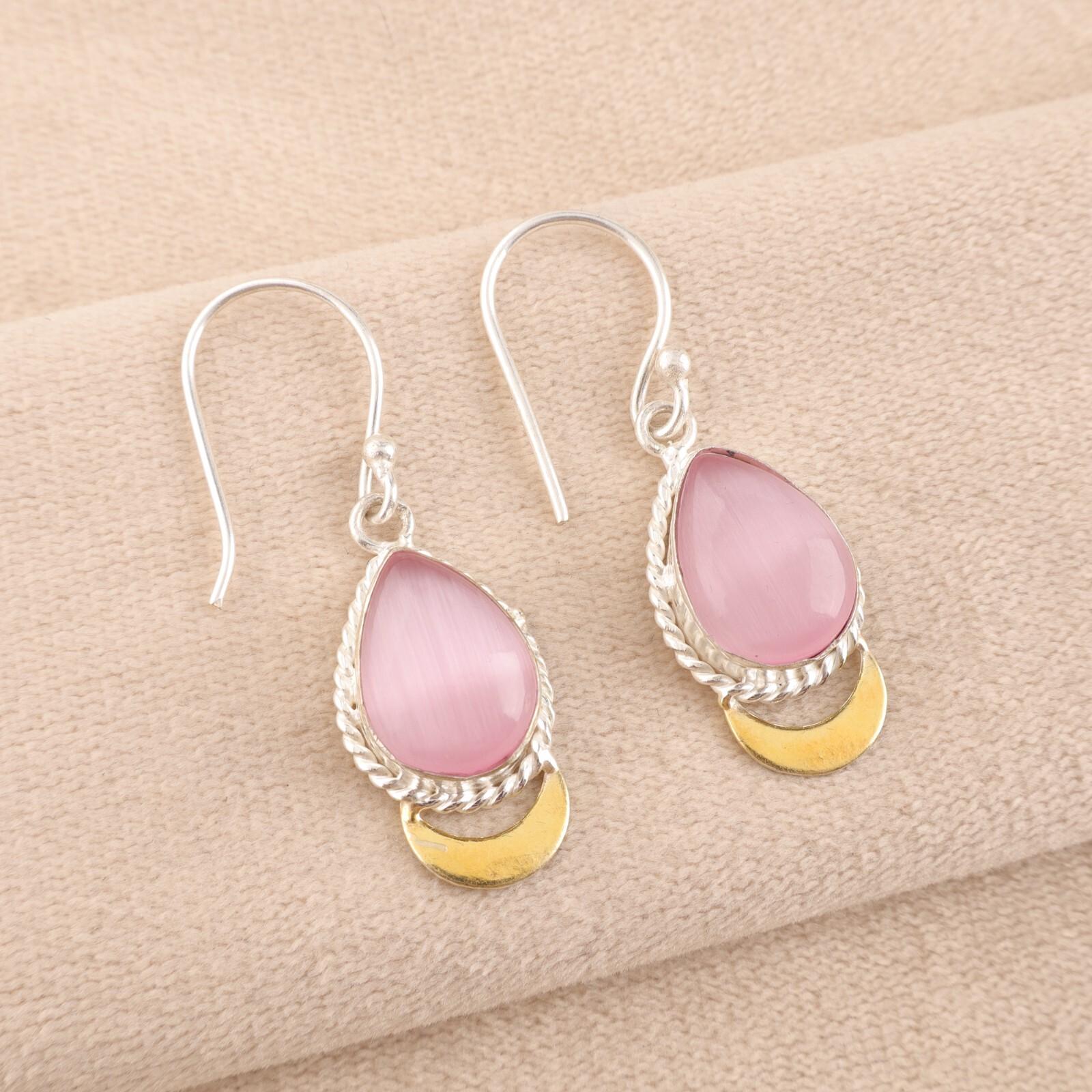 

Pink Cat s Eye Gemstone 925 Solid Silver Jewelry Handmade Designer Earrings 1.5 EE-162-39