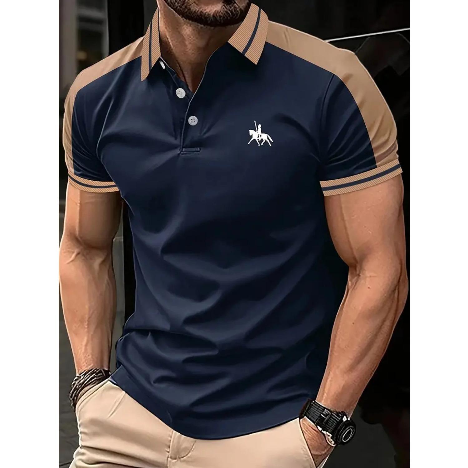 

Summer New Men s T-shirt Tops Daily Casual Printing Lapel Short-sleeved Polo Shirt S темно-синий