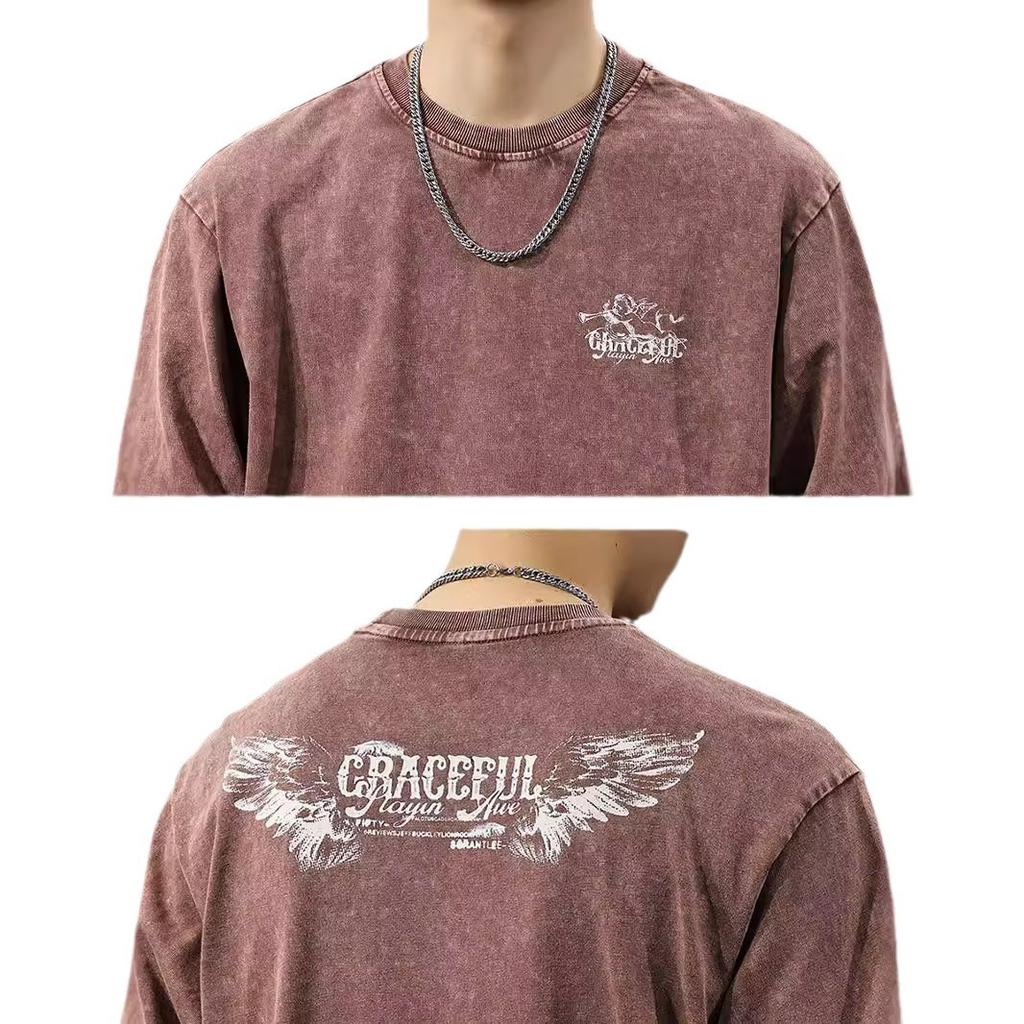 Autumn 300G Heavy Washed Printed Long-Sleeved T-Shirt Men'S American Retro Trendy Sweater Pure Cotton Loose T-Shirt