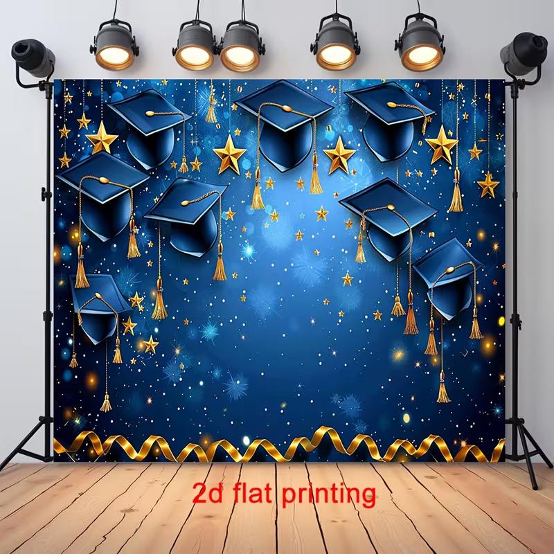 Sfondo 2D Tocco di Laurea, Cielo Blu Stellato con Sfondo a Nastro Dorato