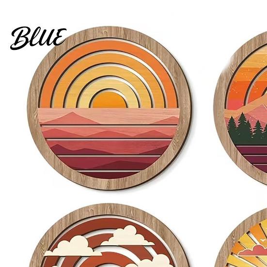 Four Piece Mountain Wall Decor 4Pcs Boho Sunset Art Abstract Landscape Round Hanging Ornaments Decorative Wooden Rounds for Living Room Bedroom