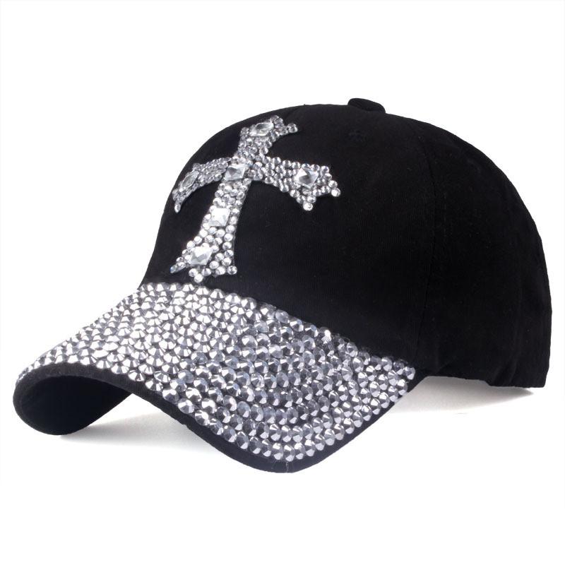 Baseball Caps With Letter Rhinestone New Fashion Snapback Hat Women Men Bling Cross Rhinestones Denim Baseball Cap adjustable чёрный