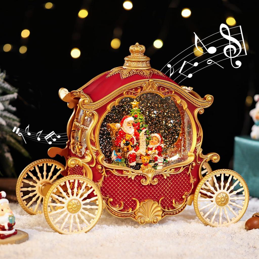 Lewondr Snow Christmas Tree Snow 8 Songs with Automatic LED Christmas Home Christmas Red Globe, Horse-Drawn Carriage, Globe, Loop, Built-in Lights,