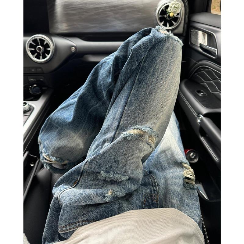 

Blue cleanfit lightning ripped jeans men s American high street vibe pants slim straight micro-pull pants 3XL синій