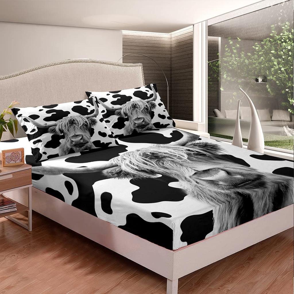 Highland Cow Fitted Sheet,Bull Cattle Bedding Set Yellow Sunflower Print Fitted Bed Sheets Western Farmhouse Theme Cow Bed Decor