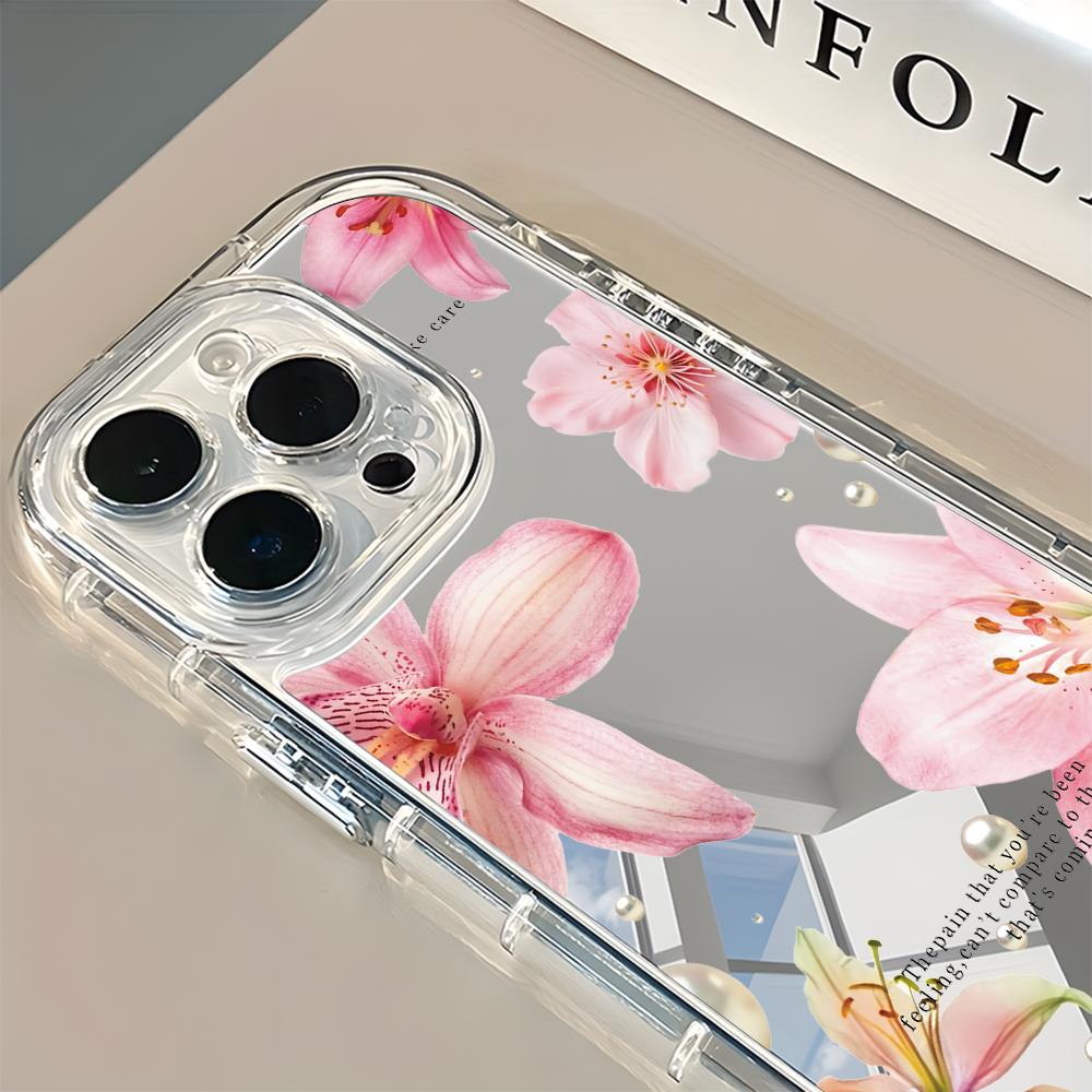 Elegant Pink Lily Flower Pattern Mirror Soft Phone Case For iPhone 17 16 15 14 13 12 11 Pro Max Air X XR XS 7 8 Plus Back Cover