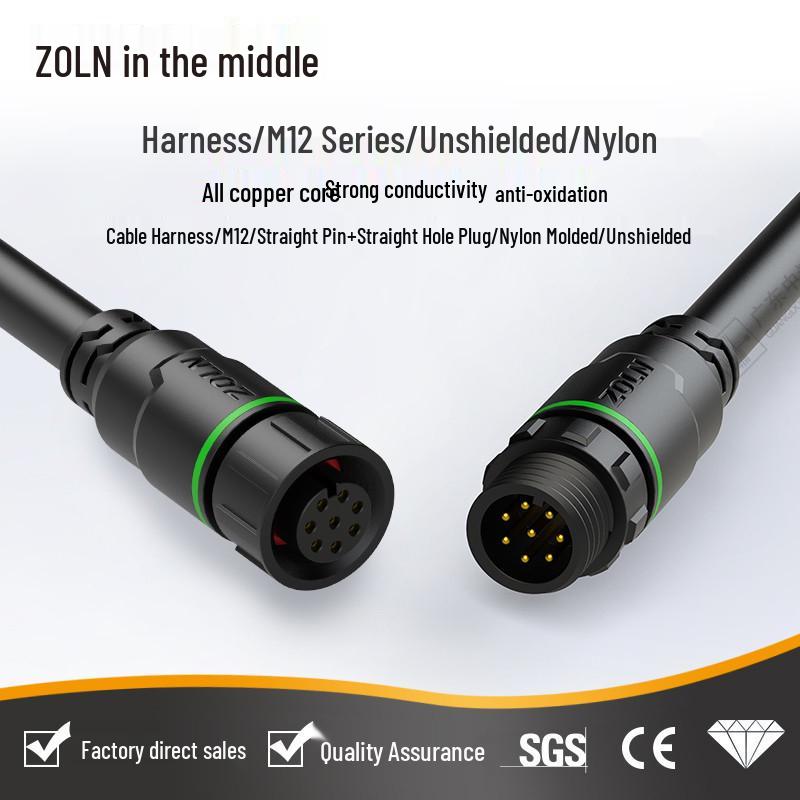 M12 Dual-Ended Overmolded Nylon Unshielded Straight Cable Harness with Solderless Sensor Connector and 12MM Aviation Plug.