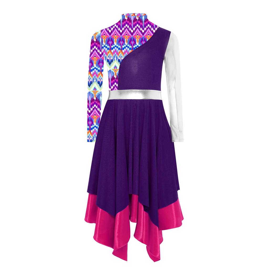 Dziewczęca liturgiczna sukienka do tańca pochwalnego z imitacją golfu, długim rękawem, stylowym nadrukiem, metalicznym color blockiem, o nieregularnym kroju