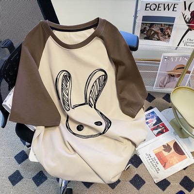 Plus Size Women's Short Sleeved T-shirt American Retro Cute Rabbit Raglan Printed Summer New Ladies Fashion Casual Loose Top