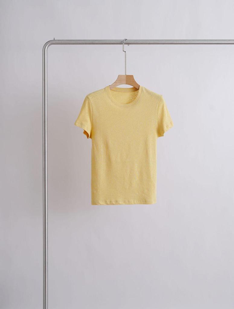Slim Fit Round Neck Short Sleeve Women's T-shirt in Bright Spring Day Creamy Goose Yellow, Soft Bamboo Linen Cotton Blend