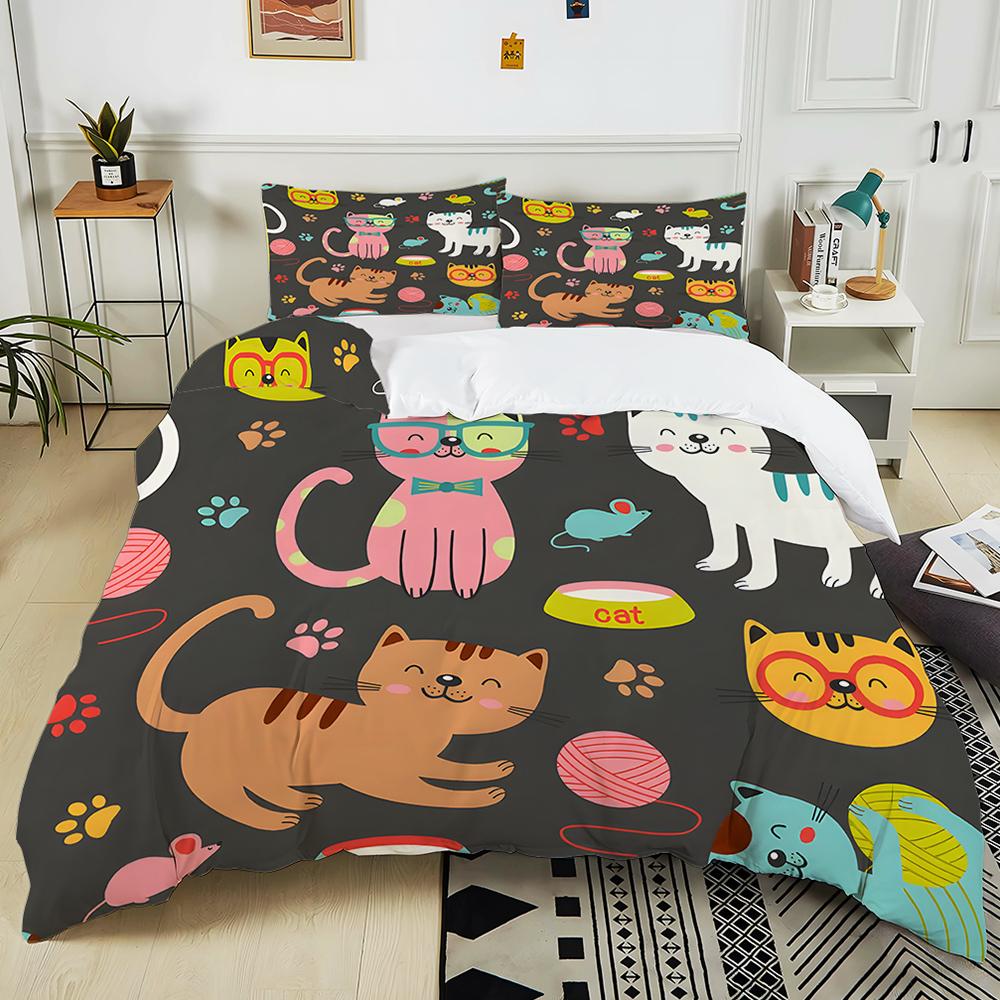 Multiple sizes Cartoon cats playful pattern Bedding Set 1 Duvet Cover 2 Pillowcases for Adult and Children Luxury Gift Full Size