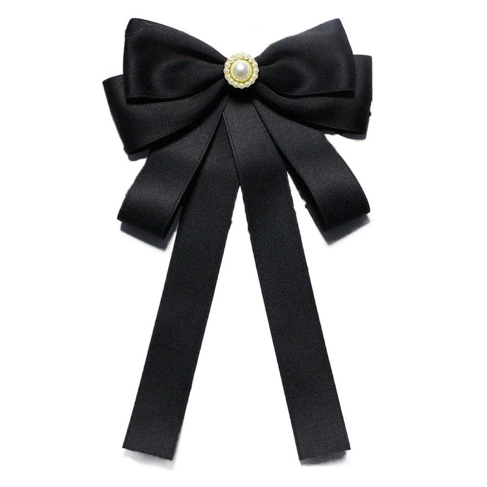 

Rhinestones Black Ribbon Pin Pearl Ribbon Badge Brooch Sweet Black Bow Necktie Parties Style J