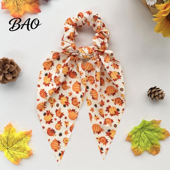 Elastic Hair Bands for Thick Fall Pumpkin Maple Leaf Tie Women, Bow Knot Ribbon Ponytail Skin Friendly Fabric Ties Holder, Soft Accessory Thanksgiving