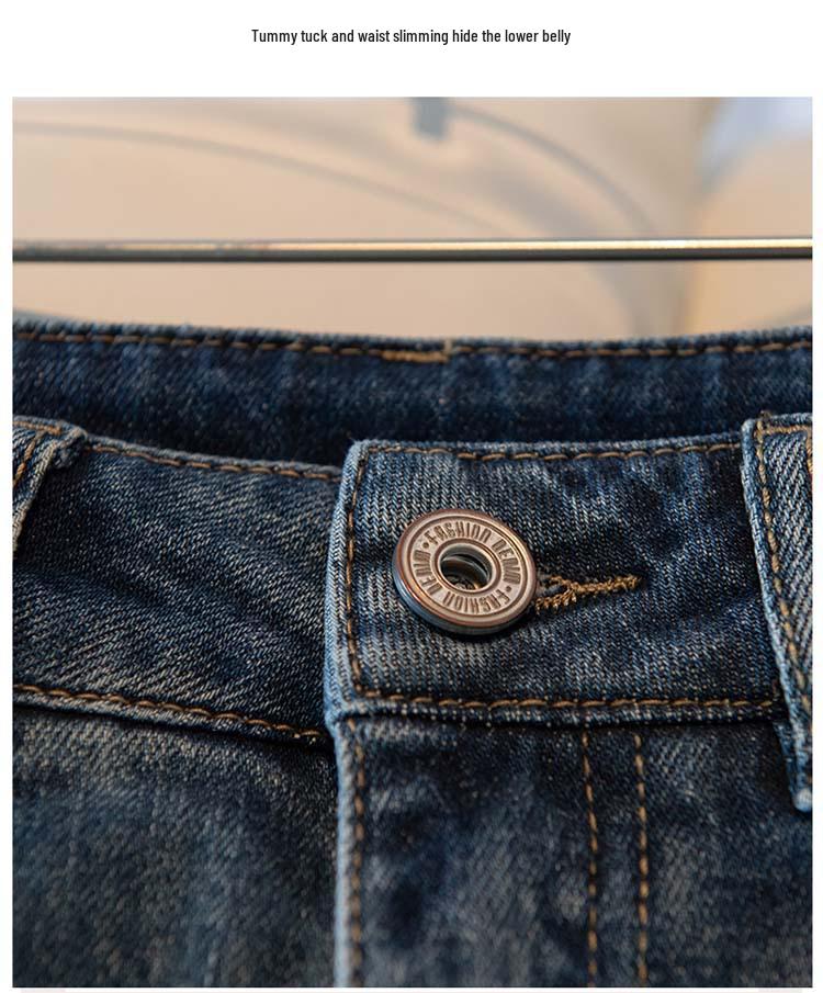 Women's High Waist Cuffed Slim Fit Straight Leg Retro Blue Jeans, Spring/Autumn 2025 Collection