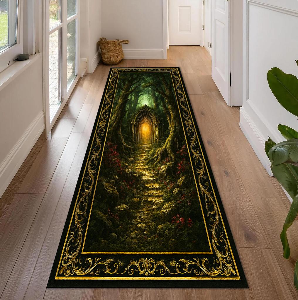 Secret Door Runner Rug Dark Green Gold Color Enchanted Archway Design Vegetation Pattern Perfect for Corridor Home Decor