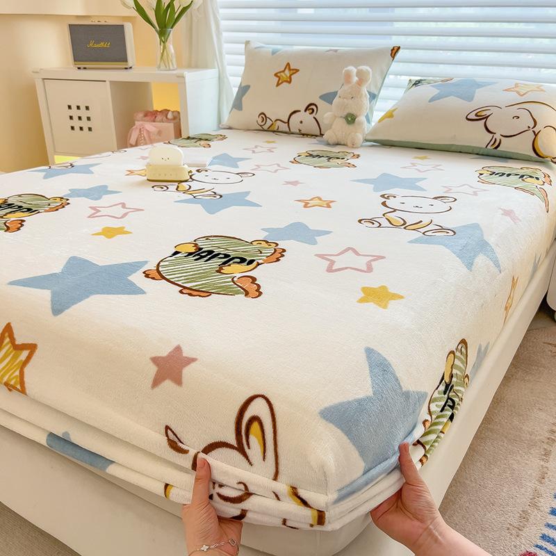 Winter Warm Flannel Fleece Bed Sheet Cartoon Flower Printed Thick Bed Sheets for Winter Single/Queen/King Soft Plush Bed Sheet