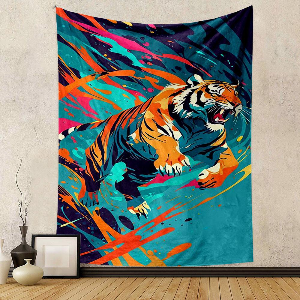 Colorful Roaring Tiger Artwork Patterned tapestry home decor, suitable for bedroom and living room, gift