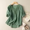 Cotton and Linen Short-sleeved T-shirt Women's Summer V-neck Embroidery Loose Thin Section Slim Slimming Plus Size Women's Clothing