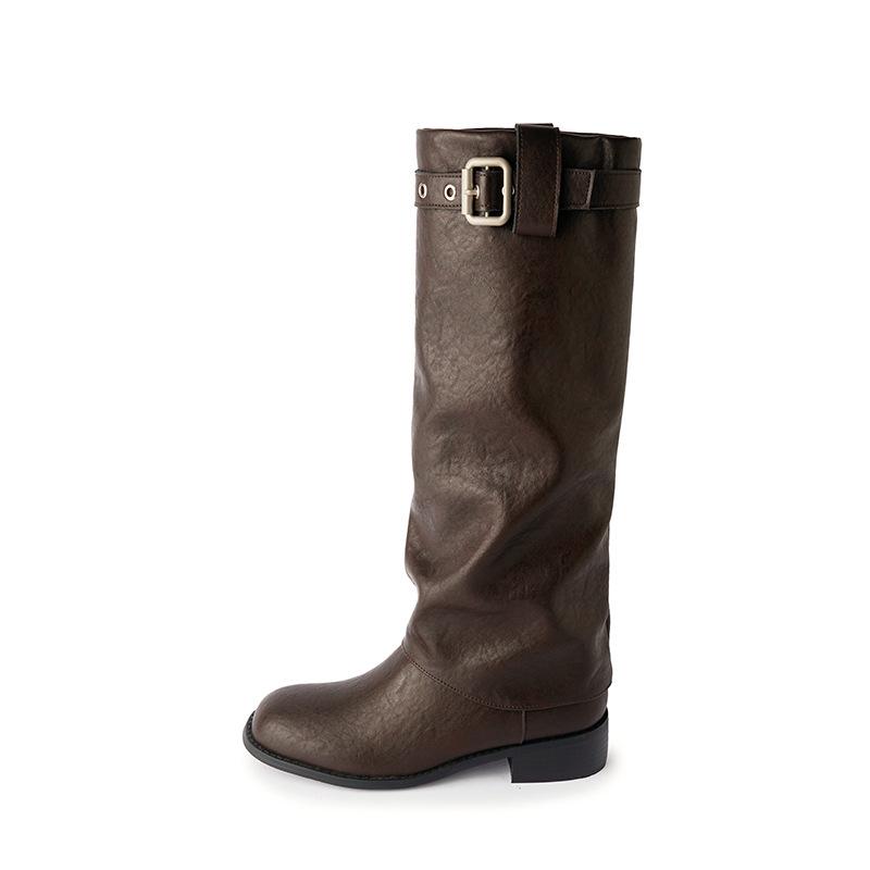 Version cuir de vache~ 2025 nouvelles bottes hautes fines d'automne et d'hiver à talon épais pour femmes, bottes de chevalier à boucle de ceinture, bottes western