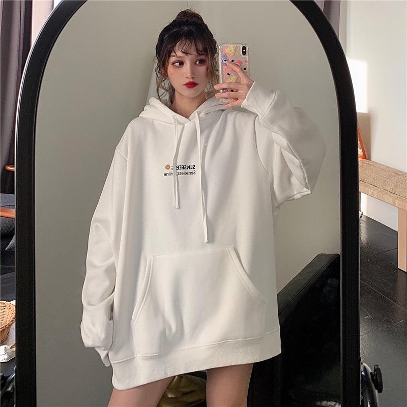 Japanese Loose Fit Fleece-Lined Hooded Sweatshirt for Women - Autumn/Winter College Style Outerwear with Cartoon Print