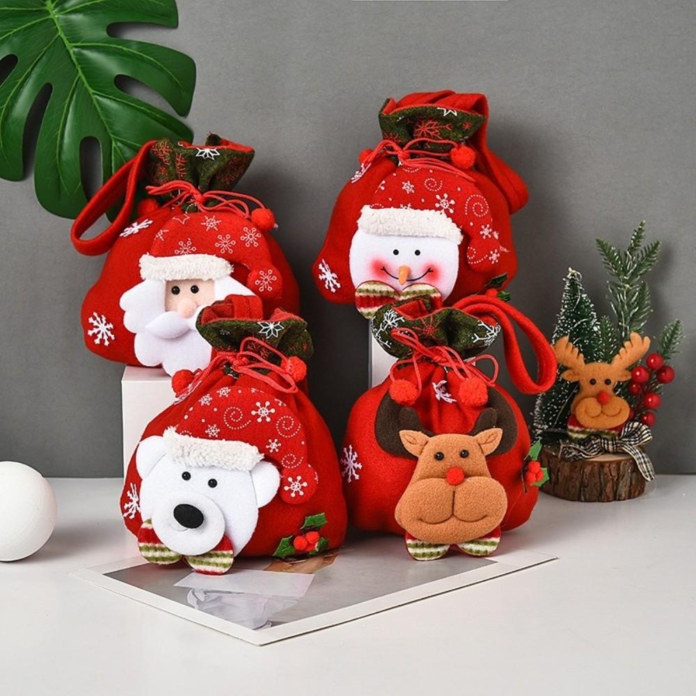 Flannel Santa Gift Bag Drawstring Closure Candy Gift Bag  Christmas Decoration