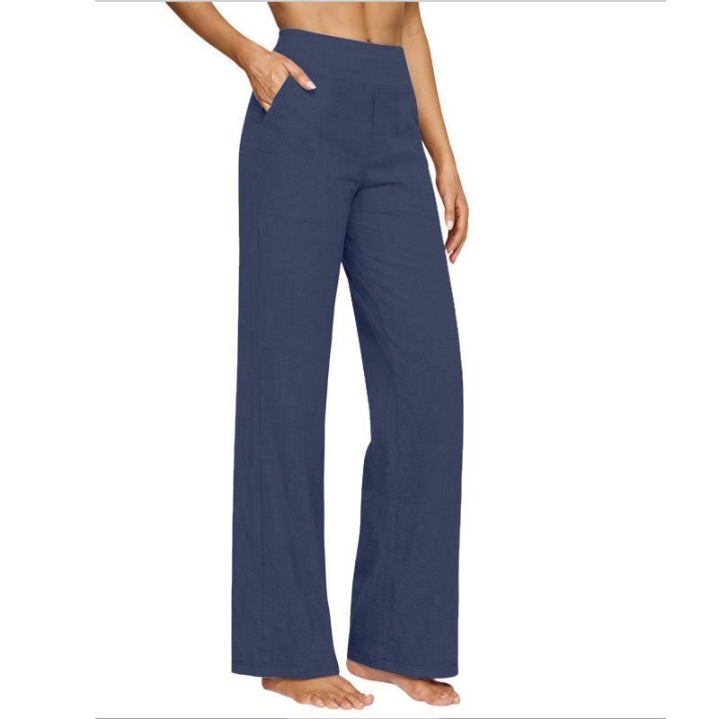 European Women s High-Waisted Cotton Linen Wide-Leg Pants - Early Spring Casual Fashion L синий
