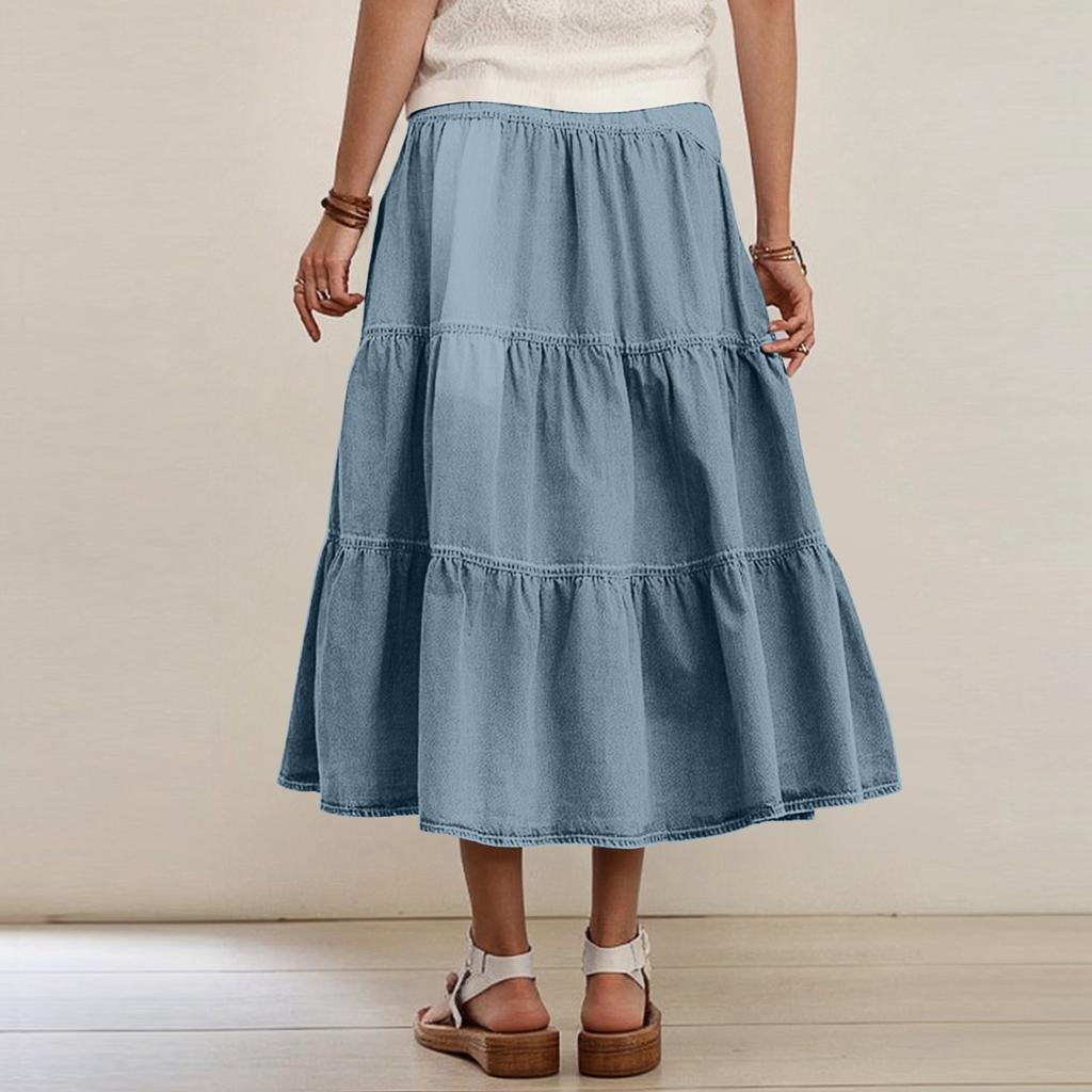 Women's Fashionable Retro Button High Waisted Long Denim Skirt